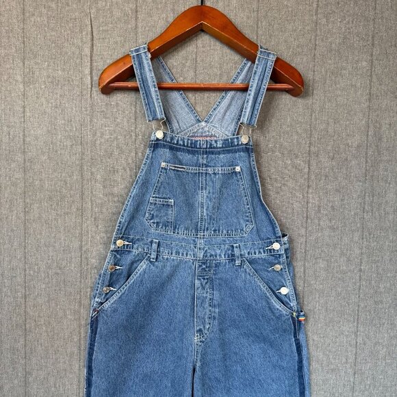 90s Vintage Revolt Blue Denim Rainbow Trim Straight Leg  Utility Overalls Size L - Picture 3 of 16